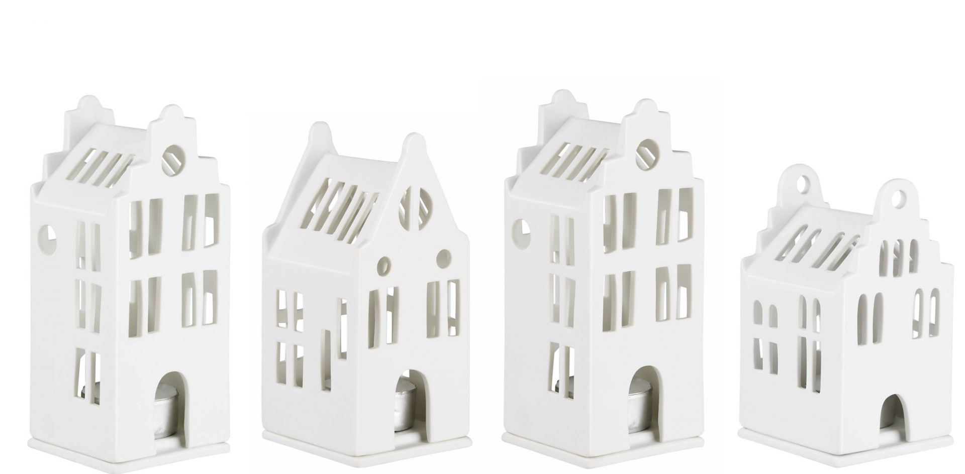 Zuhause Lichthaus Grachten Räder 4er Set, weiße Deko Häuser Teelichthalter für stimmungsvolle Beleuchtung.