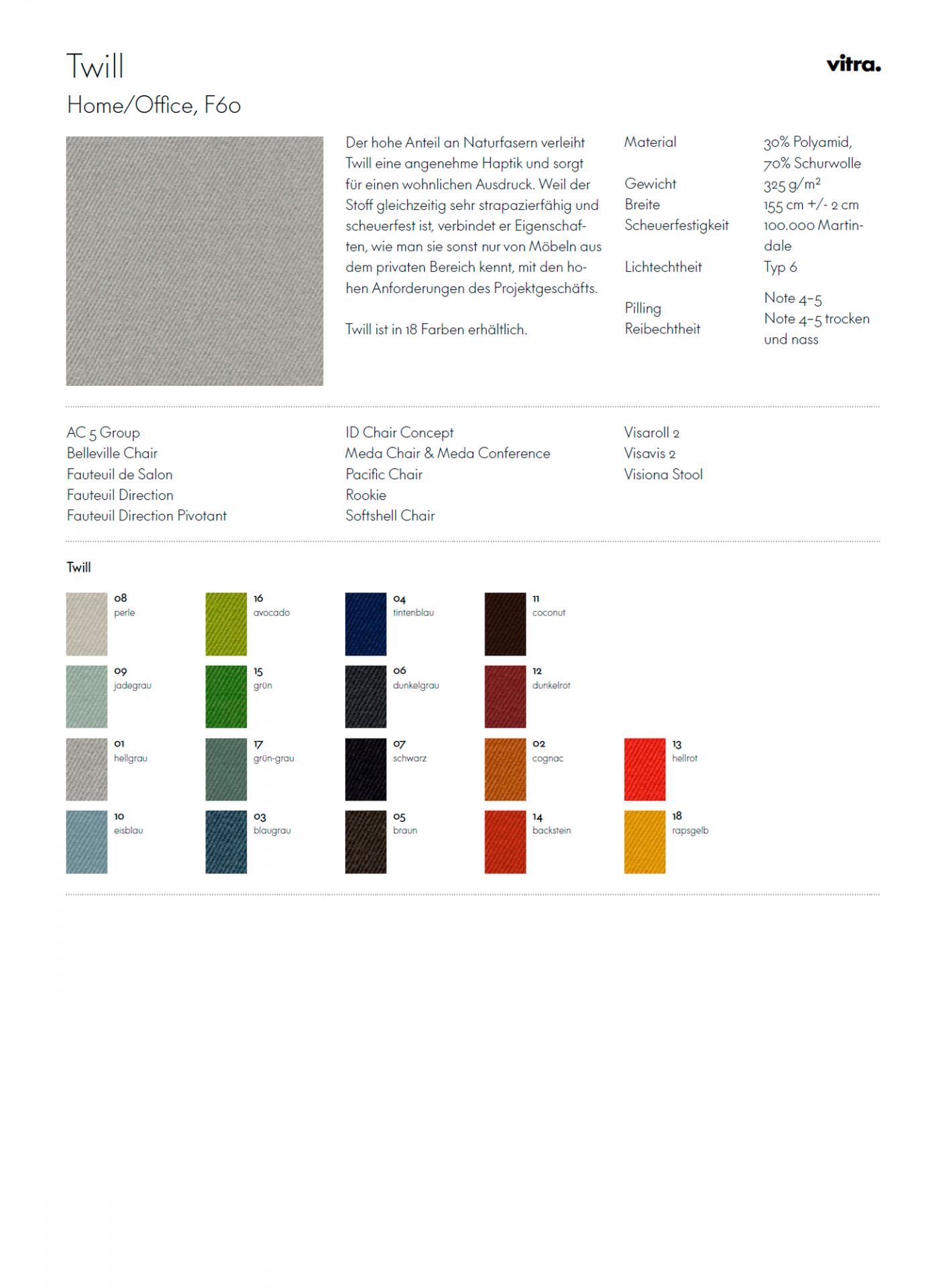 Vitra Twill Stoffmusterkarte: Übersicht der Farben und Materialeigenschaften des strapazierfähigen Möbelstoffs.