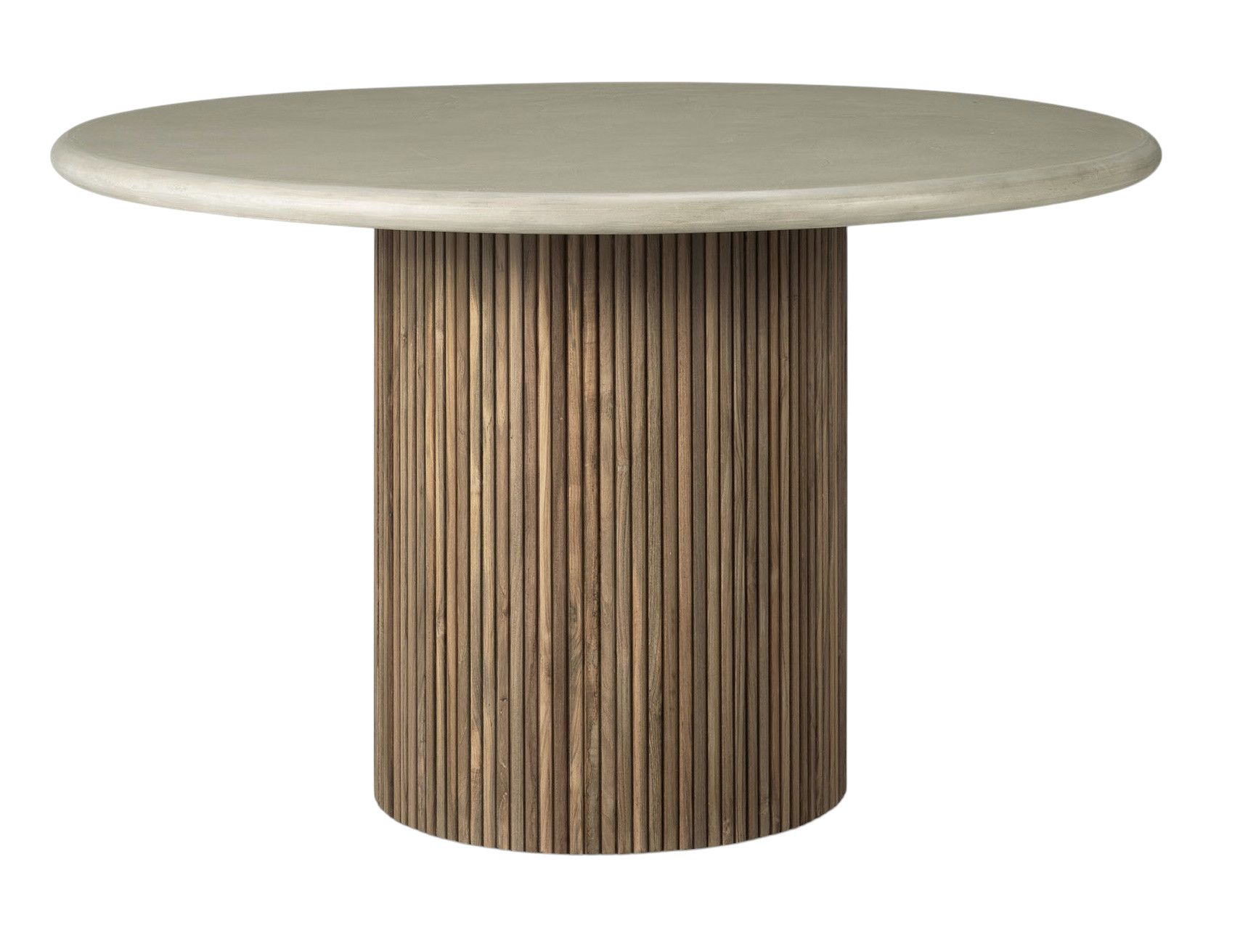 Ethnicraft Roller Max Esstisch für den Außenbereich mit runder Tischplatte und Holzfuß.