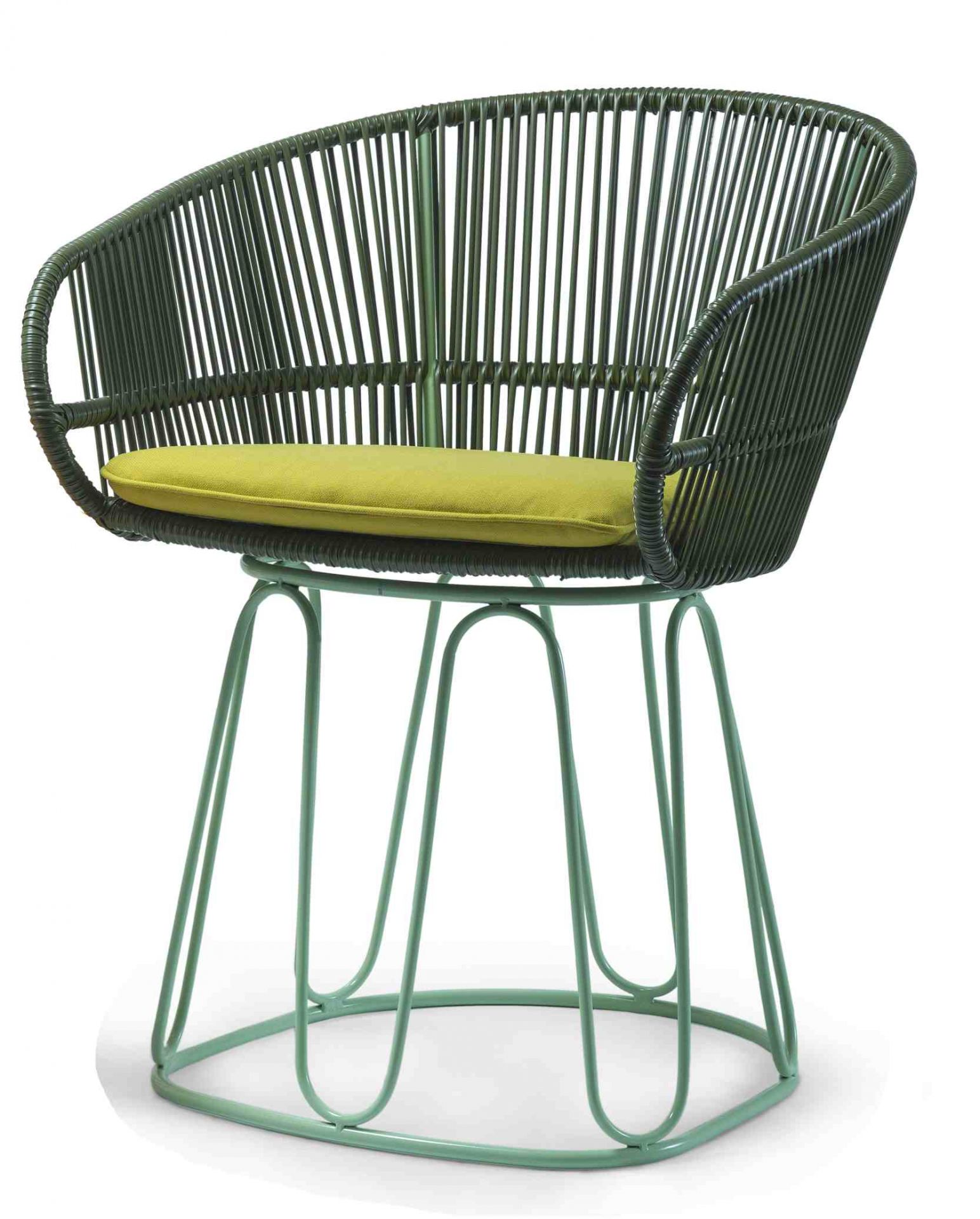 Grüner Circo Dining Chair mit gelbem Kissen, Outdoor Stuhl von Ames, modernes Design.
