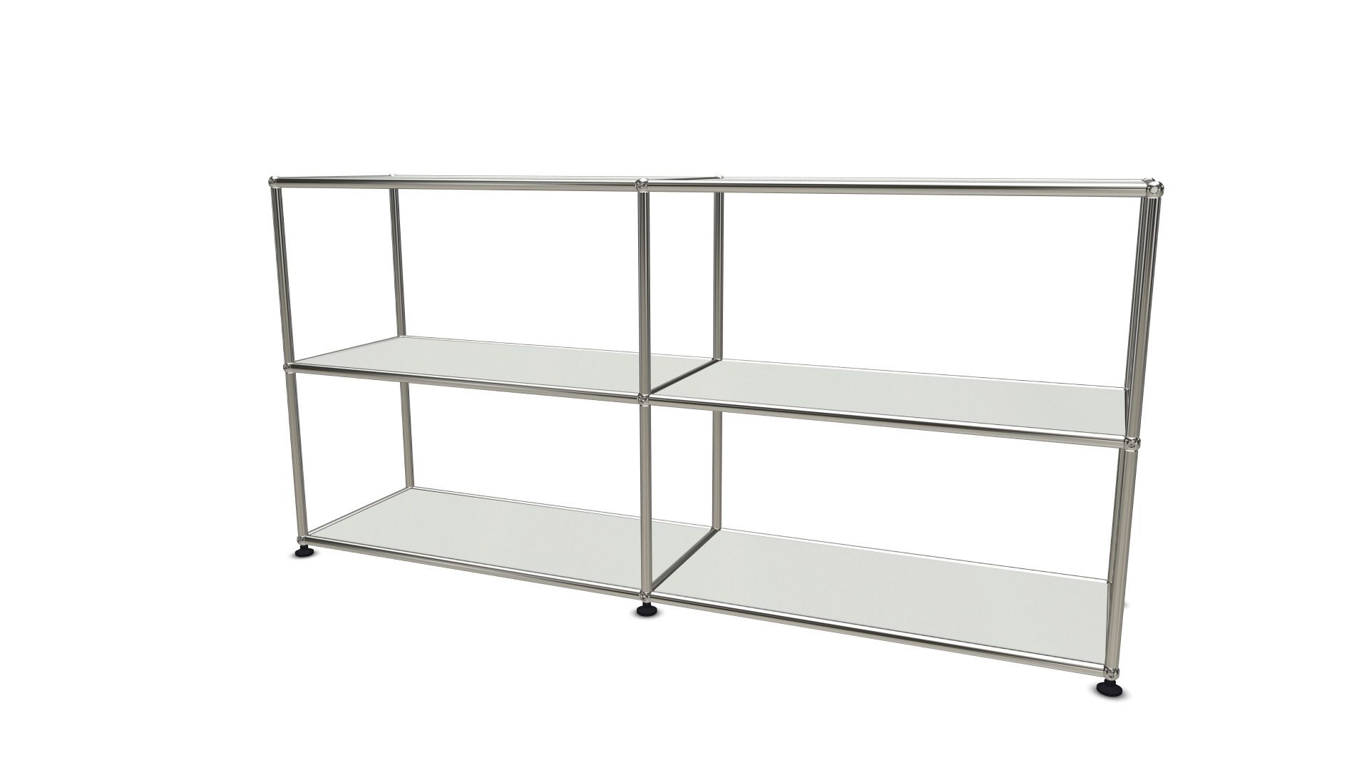 USM Haller Sideboard in Lichtgrau mit offenem Design und zwei Regalböden für moderne Wohnräume.