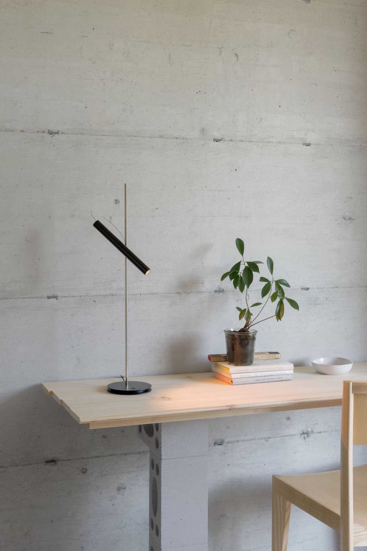 LINIjA T Tischleuchte von Baltensweiler auf einem Holztisch, daneben Bücher und eine Pflanze.