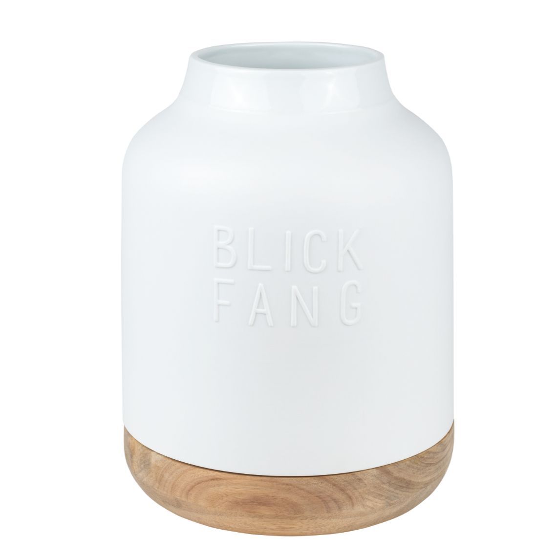 Weiße "Blickfang" Vase von Räder mit Holzfuß für Blumen und dekorative Zweige.