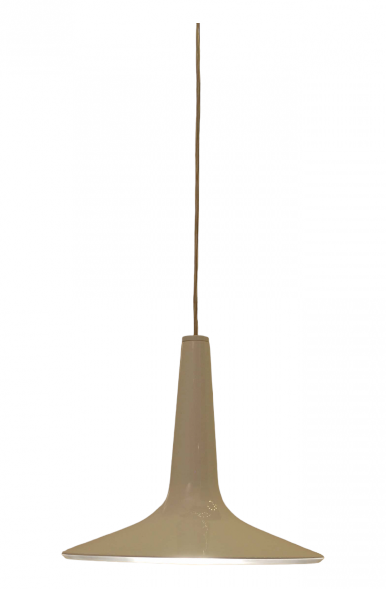 Kin LED Pendelleuchte von Oluce, moderne Hängelampe in Beige mit sanftem Lichtschein.