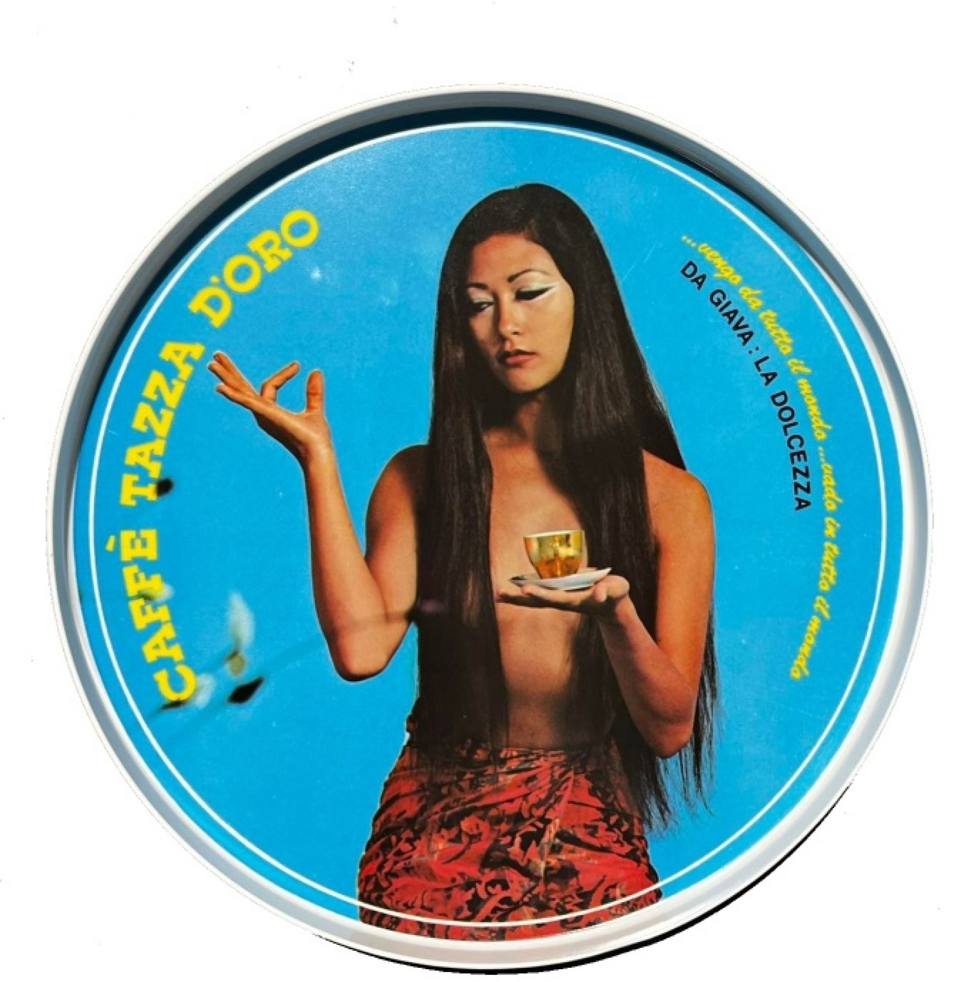 Blaues Caffè Tazza d'Oro Tablett mit Frau und Kaffeetasse, dekoratives Serviertablett für Kaffee.