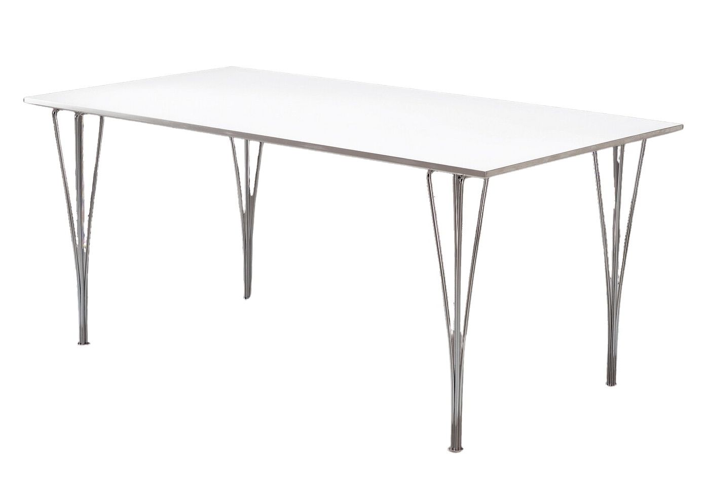 Rechteckiger Fritz Hansen Tisch mit weißer Tischplatte und verchromten, filigranen Beinen. Moderner Esstisch für Wohnraum.