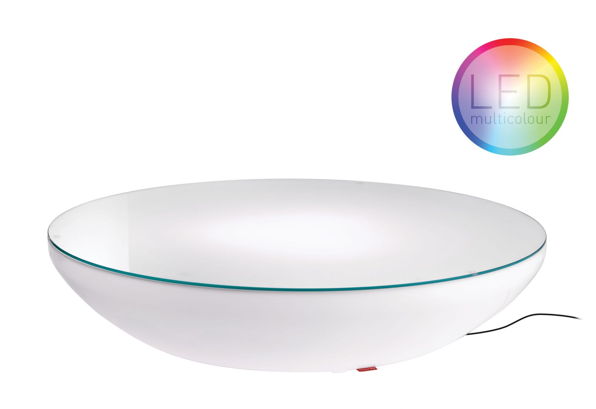 Weißer Moree Lounge Beistelltisch mit Glasplatte und LED Multicolour Beleuchtung für den Outdoorbereich.
