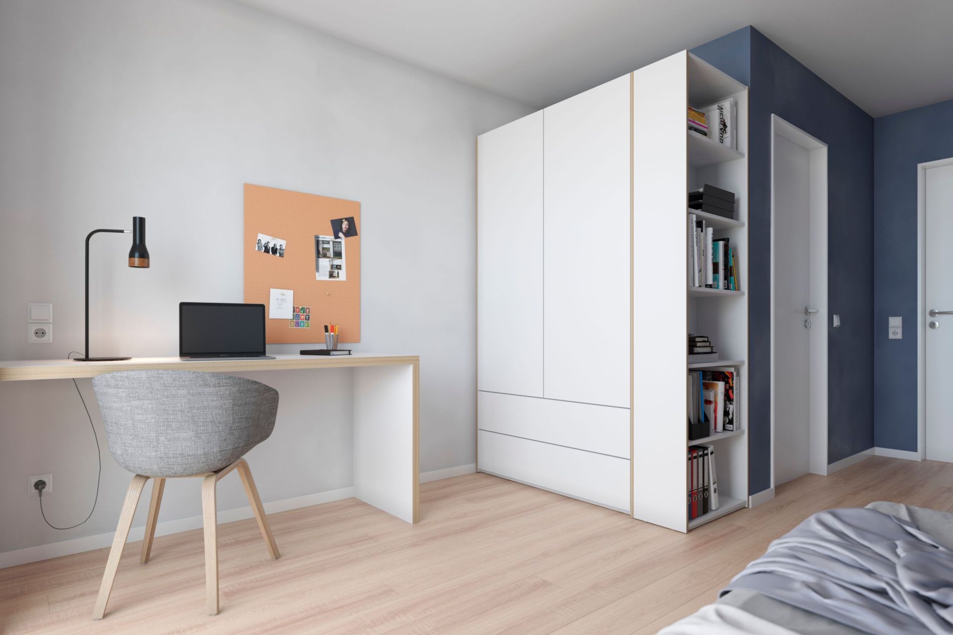 MODULAR PLUS Schrank von Müller Möbelwerkstätten mit Regal, Schreibtisch und Bürostuhl.