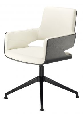 S 847 D Thonet Drehsessel in Weißleder mit schwarzem Fußkreuz und Armlehnen aus Holz.