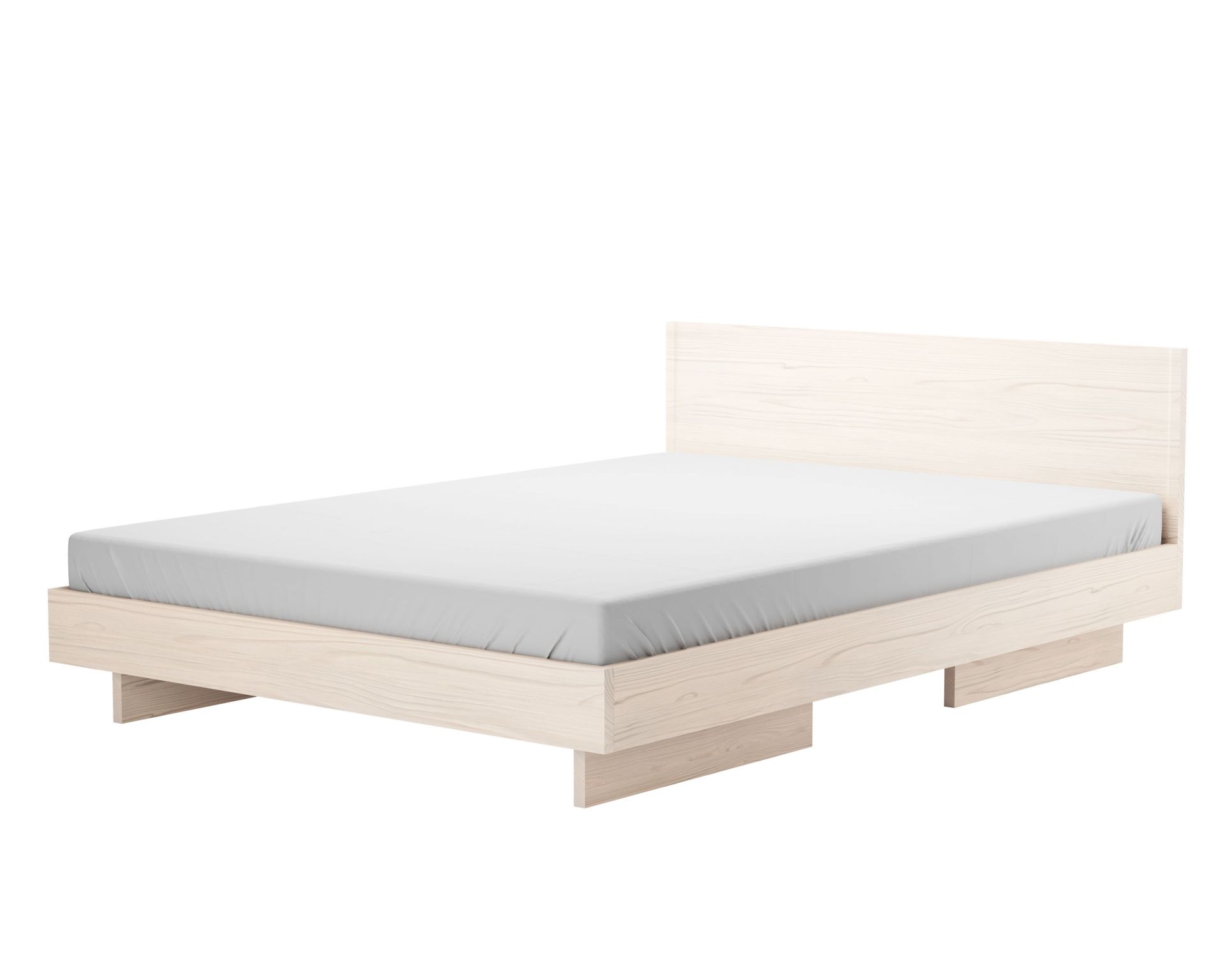 ZIANS Bett Large aus hellem Holz mit Kopfteil und grauer Bettwäsche für Schlafzimmer.