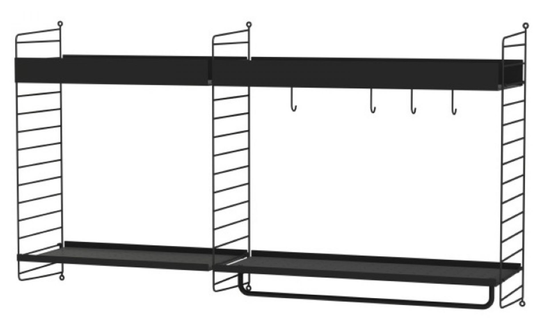 Schwarzes String Regalsystem für die Wand mit Regalböden, Hakenleiste und Handtuchhalter.