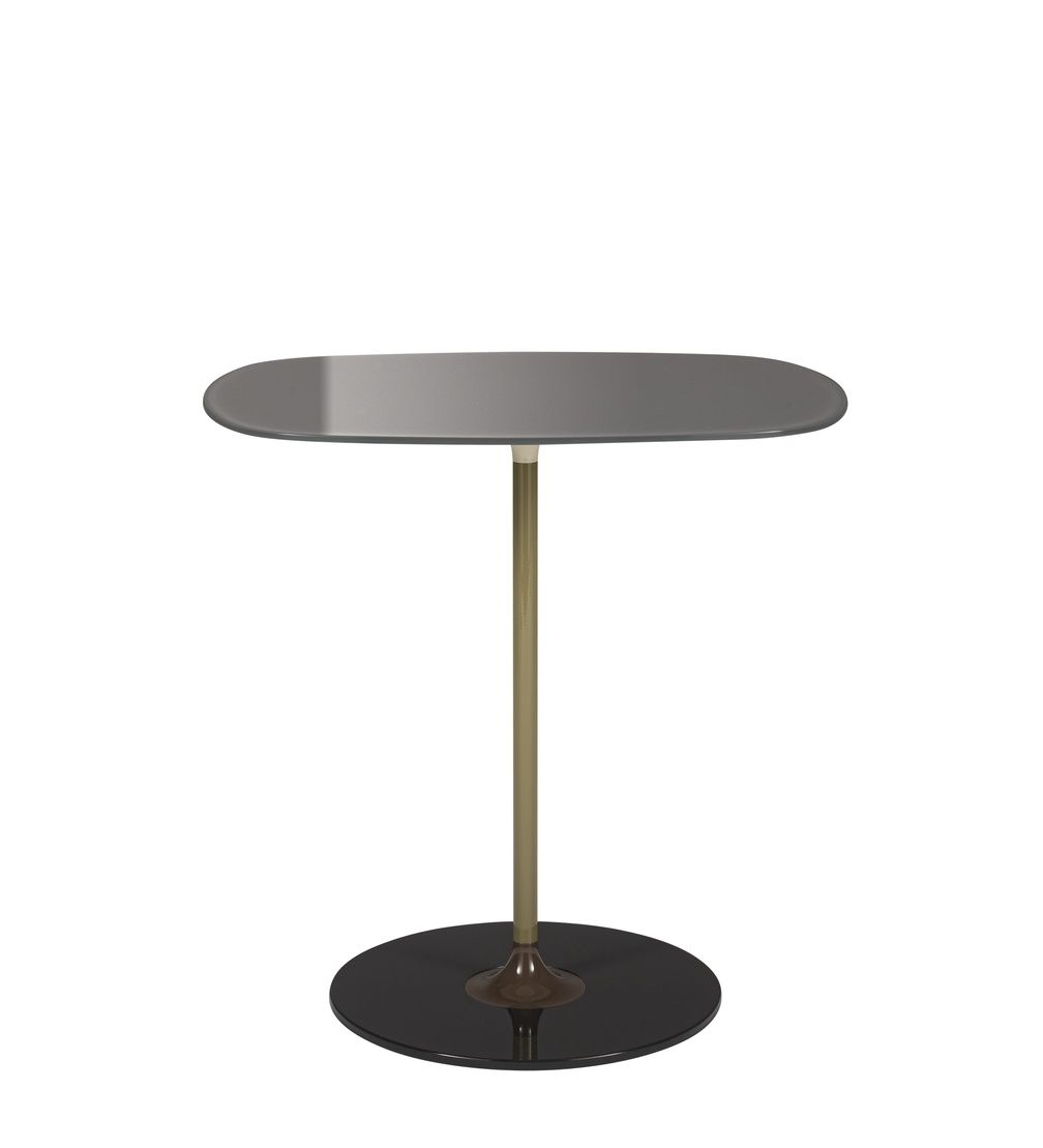 Thierry 4042 Tisch von Kartell, graue Tischplatte, goldfarbenes Gestell und runder, schwarzer Fuß.