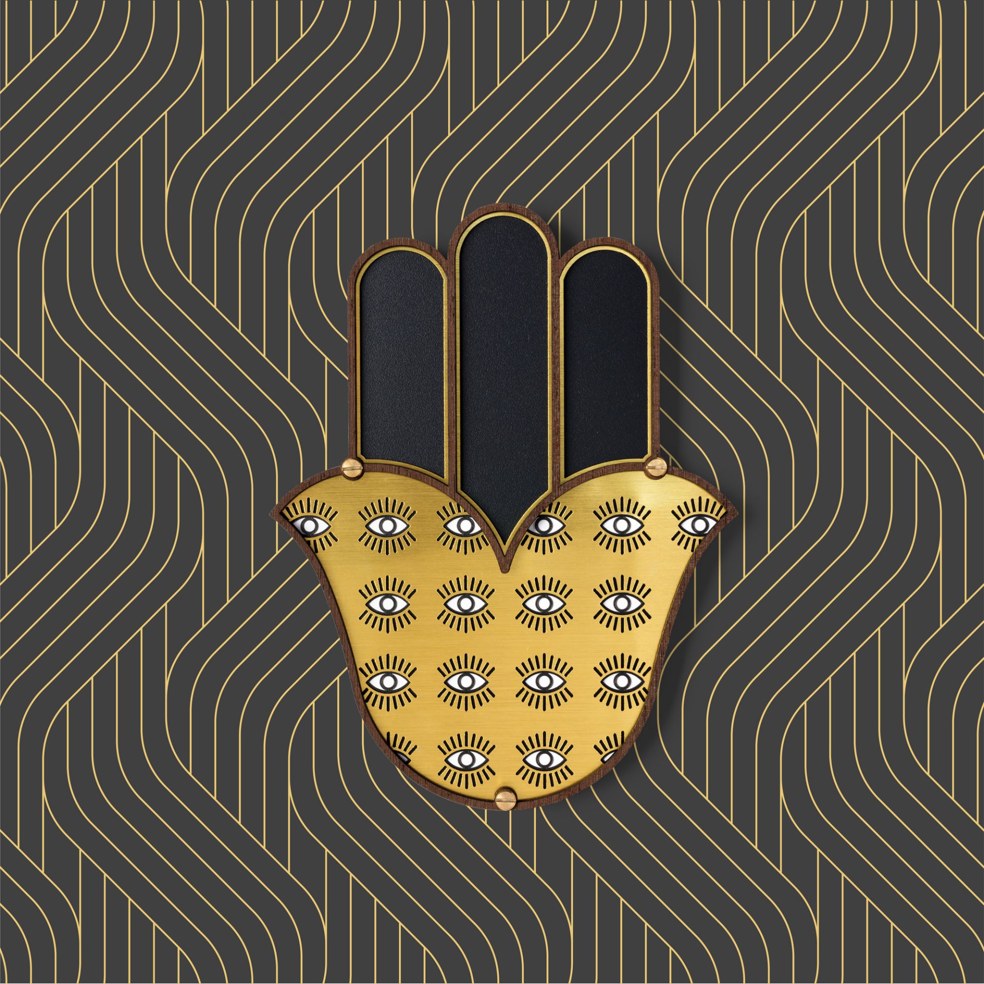 Goldene Hamsa Hand Wandschmuck mit Augenmuster, ein dekoratives Umasqu EINZELSTÜCK für spirituelle Wandgestaltung.