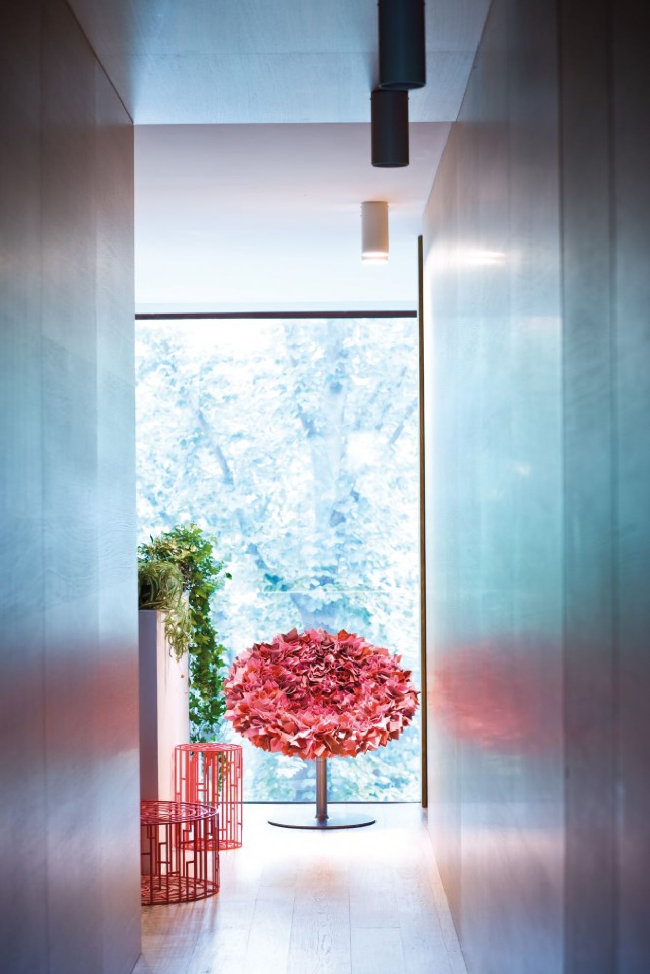 Rosafarbener Bouquet Sessel von Moroso im modernen Interieur, Design Sessel mit blütenförmiger Sitzfläche.