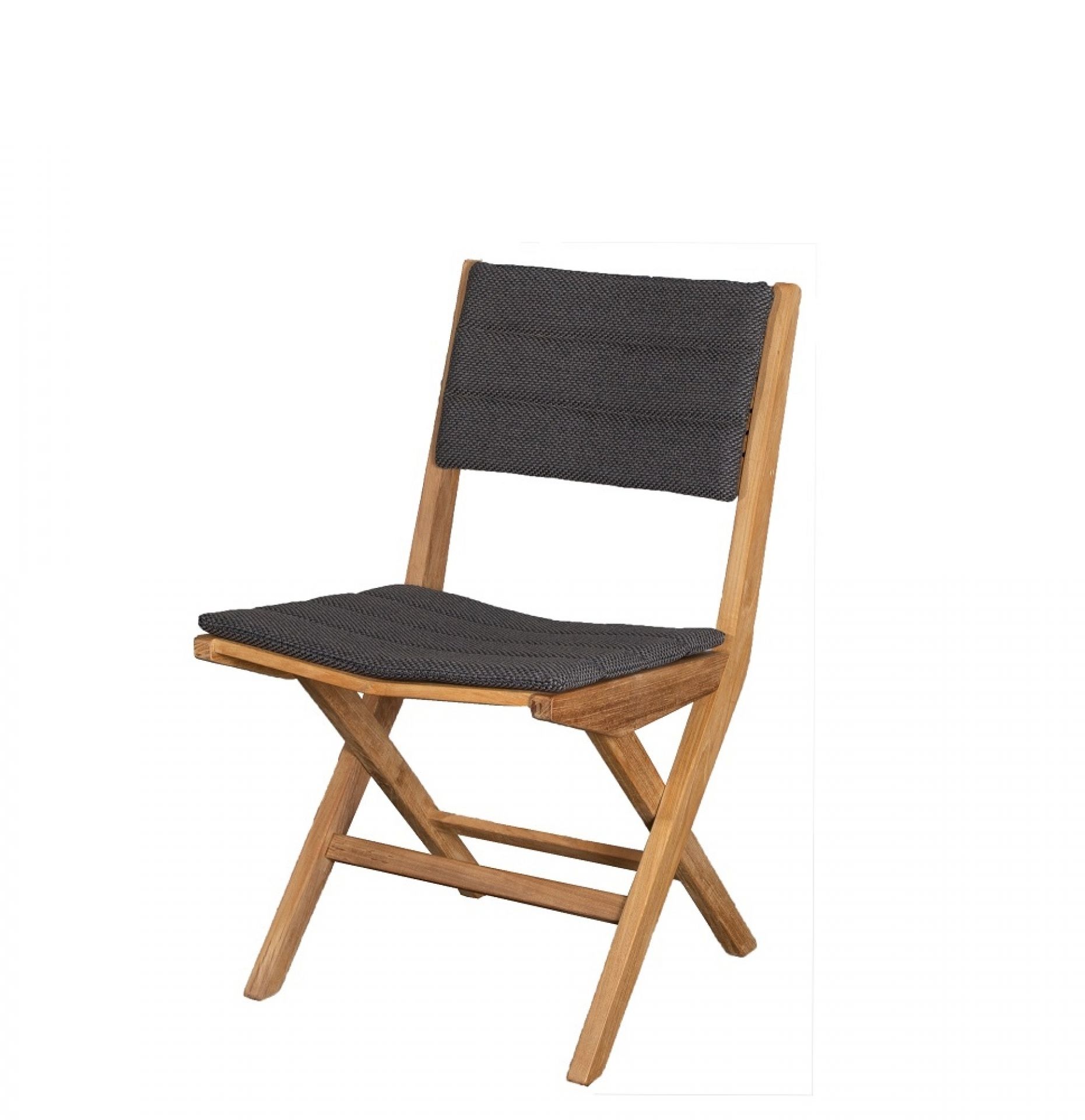 Cane-Line Flip Outdoor Stuhl mit dunkelgrauem Sitz- und Rückenkissen aus wetterfestem Material.