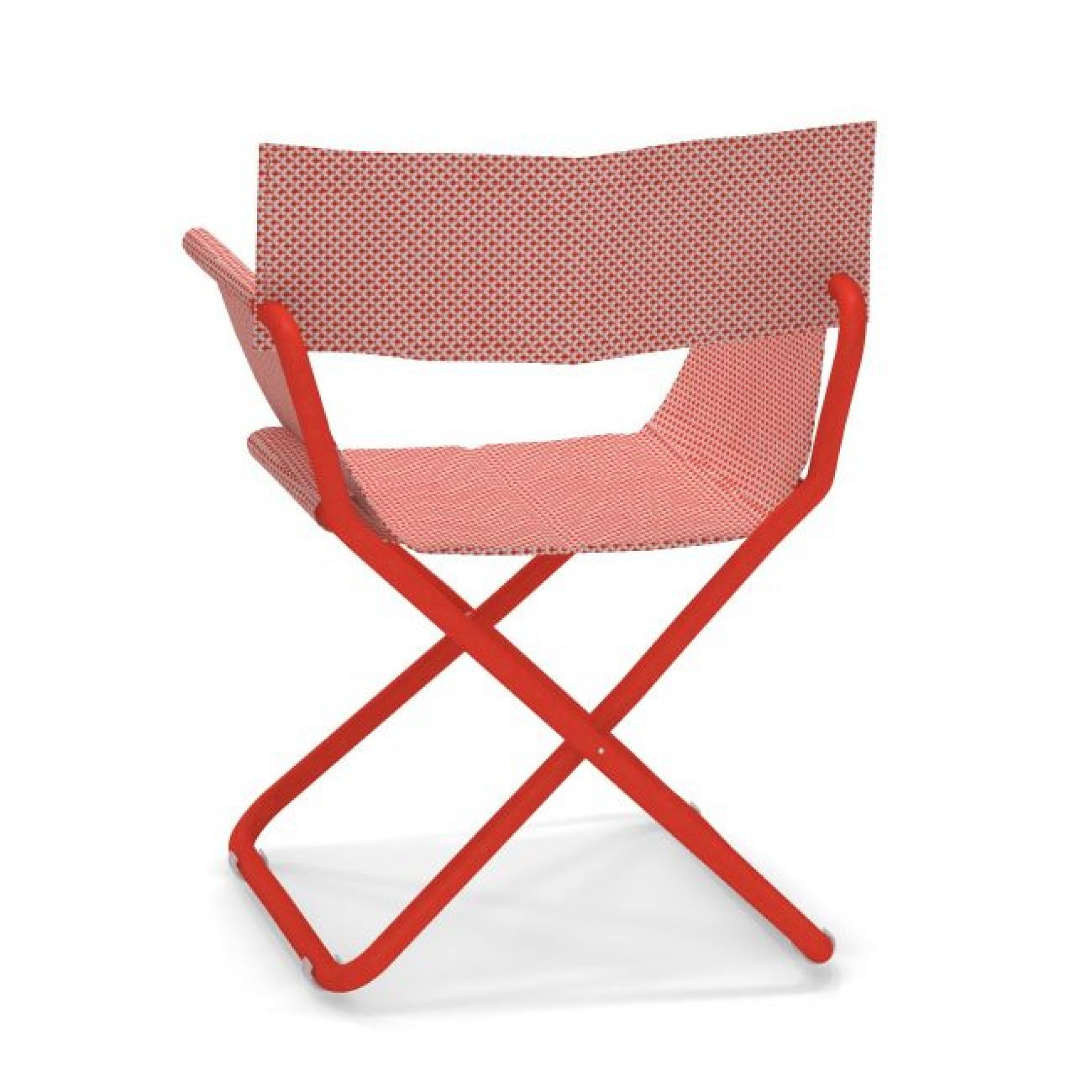 Snooze Regiestuhl Emu, indian braun-beige, von hinten. Faltbarer Outdoor-Stuhl mit Stoffbezug und rotem Gestell.