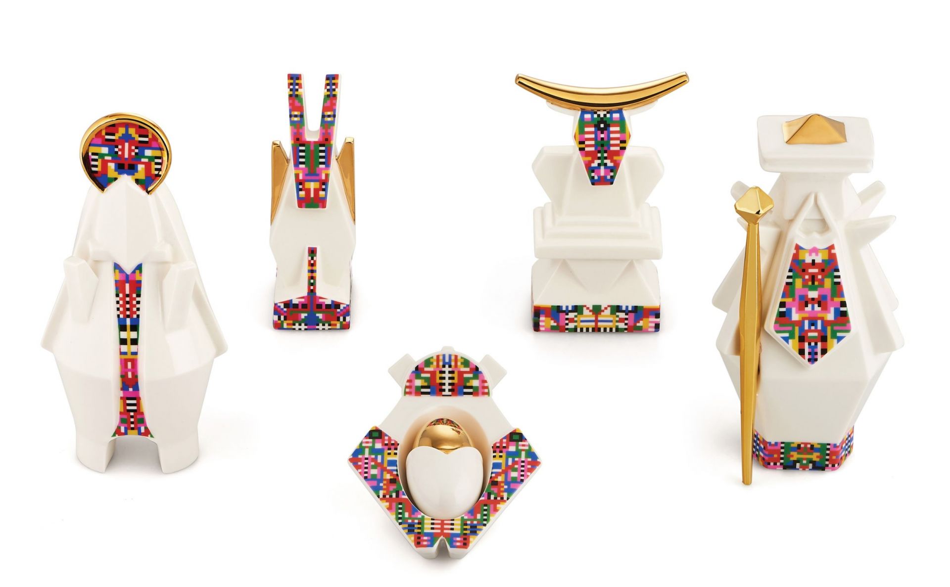 Alessi Donkey Porzellanfiguren, ESA05 5, weiße Deko-Objekte mit bunten Pixelmustern und goldenen Akzenten, Einzelstück.