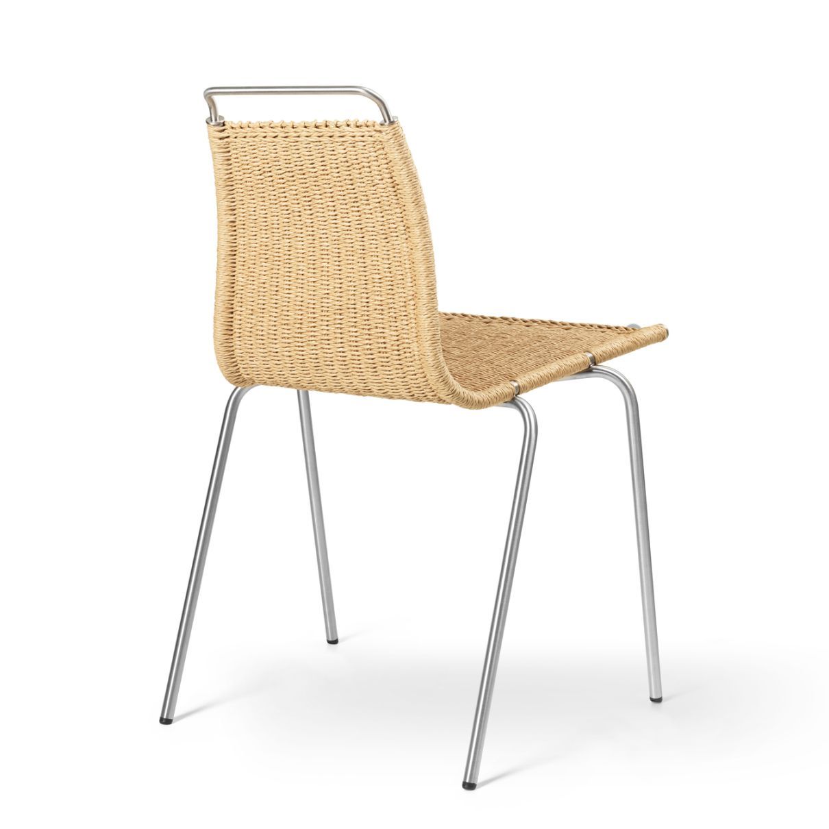 PK1 Stuhl von Carl Hansen & Søn mit Naturkordel und Edelstahlgestell, Seitenansicht. Designstuhl.