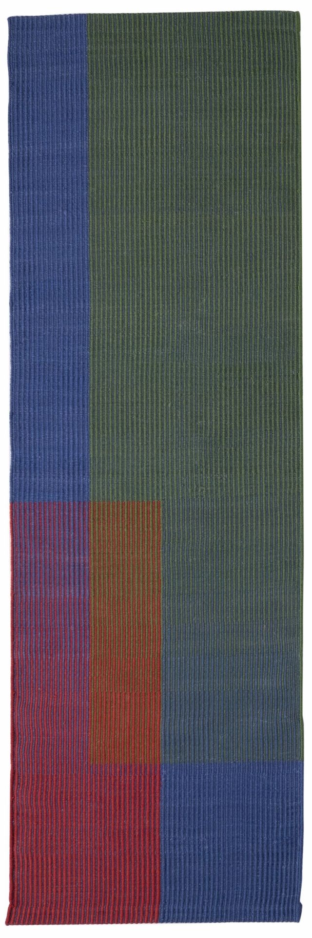 Handgewebter Haze Runner Teppich von Nanimarquina in Blau, Grün und Rot mit vertikalen Streifen.