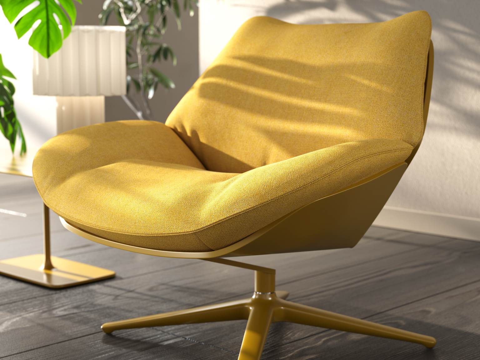 Nahaufnahme des gelben Shrimp Cocktailsessels von Cor mit Drehfunktion.