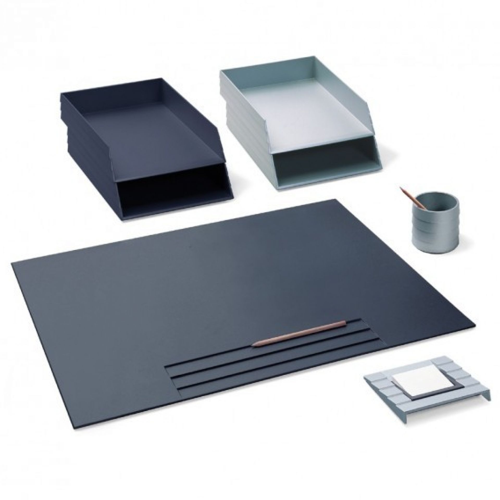 Status Schreibtischunterlage von Rexite, Ablagefächer, Stiftehalter und Notizzettelhalter für einen organisierten Arbeitsplatz.