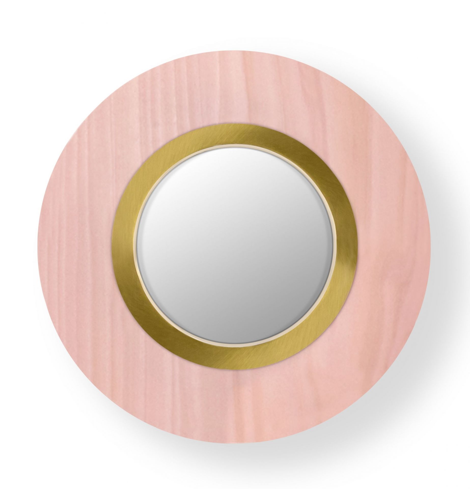 Lens LED Wandleuchte von LZF Lamps: Runde, hellrosa Lampe mit goldenem Metallring.