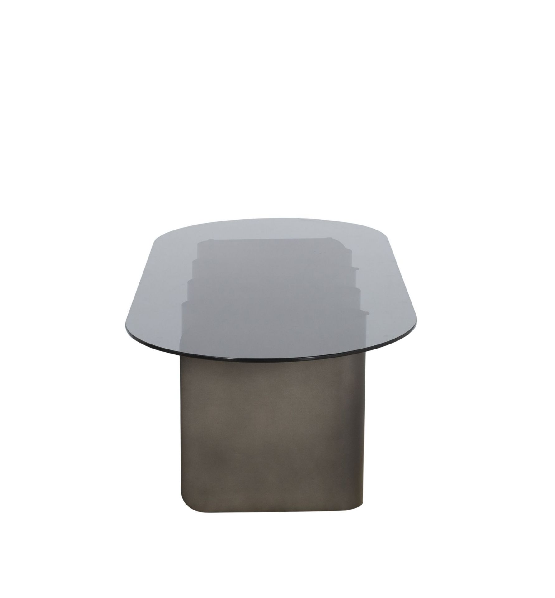 Tavolino2 Beistelltisch von Pulpo mit grauer Glasplatte und bronzefarbenem, zylindrischem Fuß auf weißem Hintergrund.