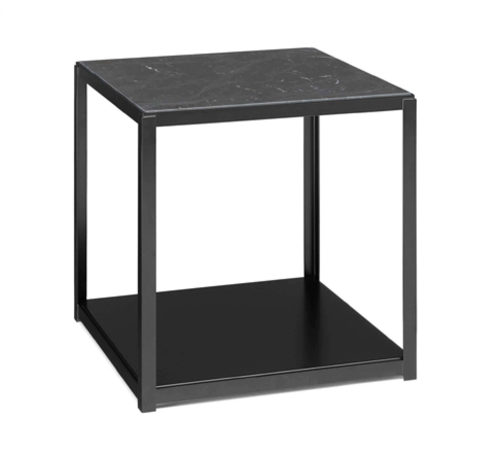 FK12 Fortyforty Beistelltisch von e15, tiefschwarzes Gestell mit Marmorplatte, quadratischer Nachttisch.
