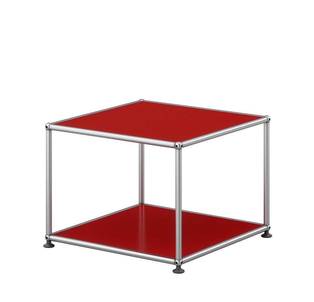 USM Haller Beistelltisch in Rubinrot mit offenem Design, modernes modulares Möbelstück für Wohnraum und Büro.