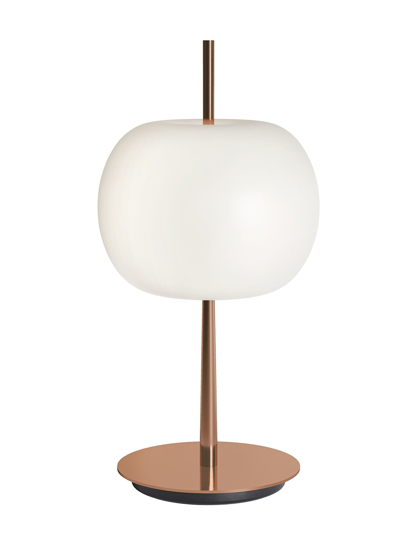 Nahaufnahme der Kushi Tischleuchte mit rundem Lampenschirm und Kupferdetails, ideal als Nachttischlampe.
