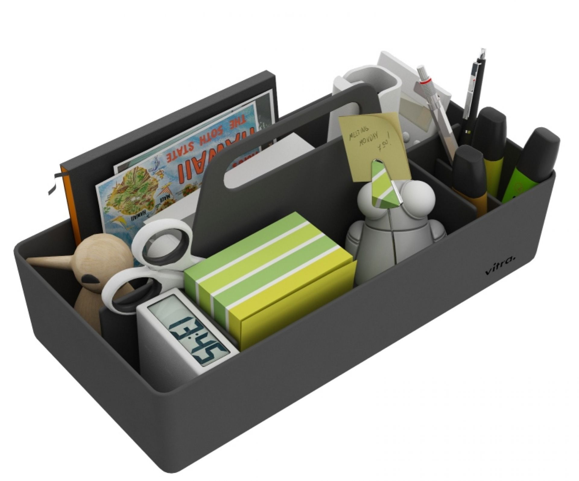 Dunkelgraue Vitra Toolbox RE, eine Organisationsbox gefüllt mit Büroartikeln wie Stiften, Schere, Notizen und Dekoration.