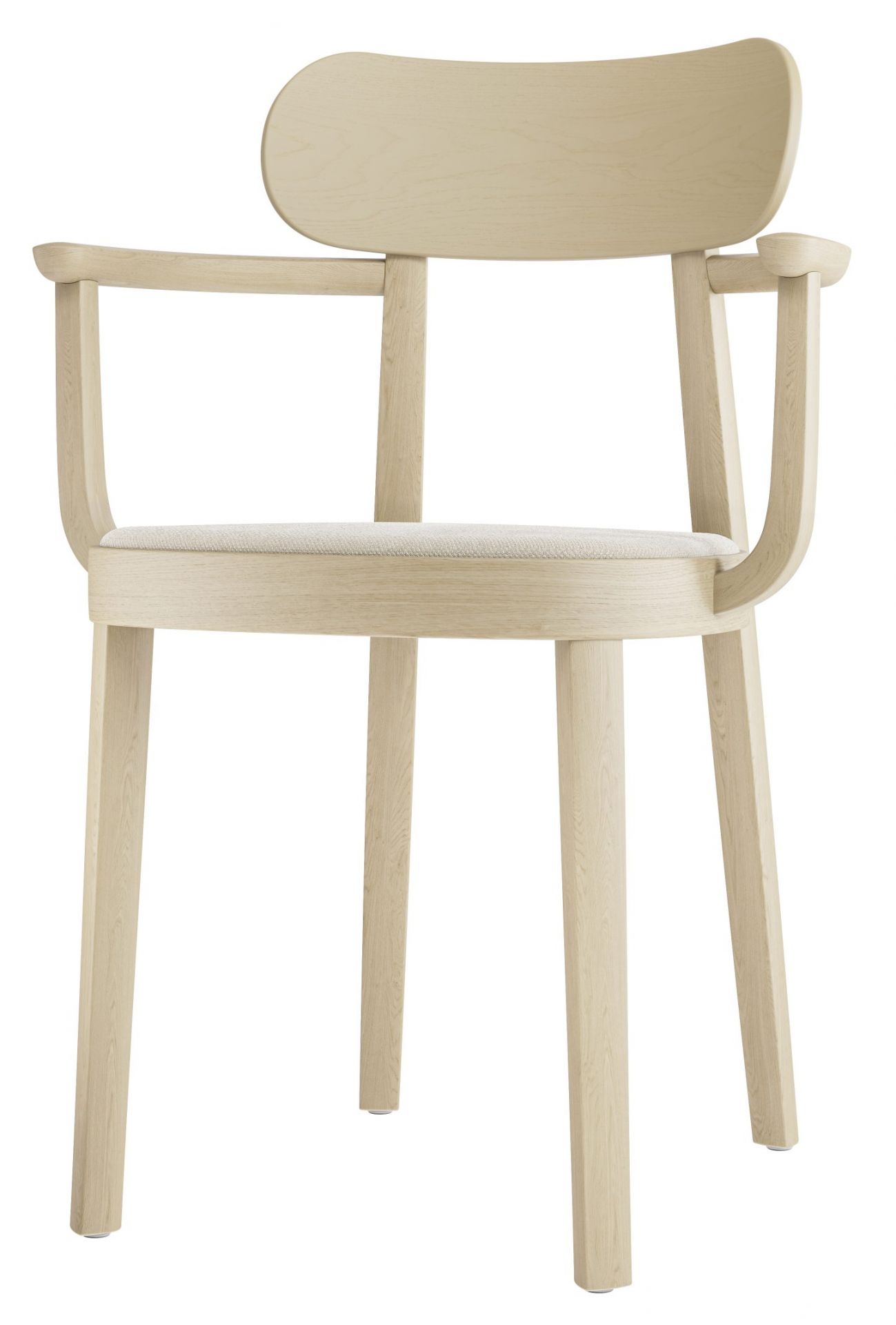 Heller Holzstuhl mit Armlehnen, Modell 118 SPF Thonet, mit Stoffbezug.