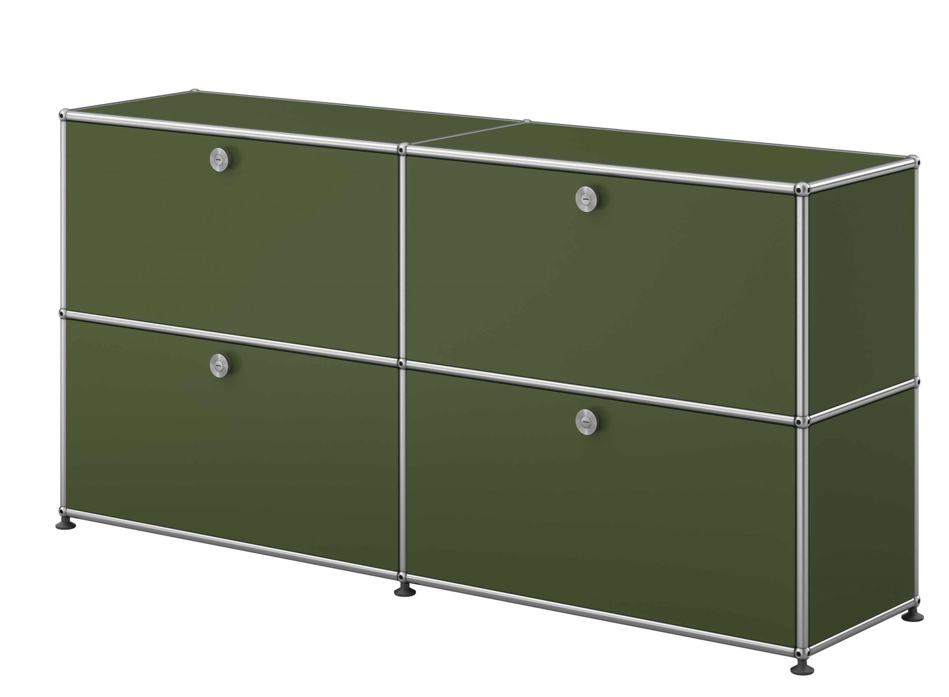 USM Haller Sideboard in Olivgrün mit vier Klapptüren, modernes Designmöbel für Wohnzimmer und Büro.