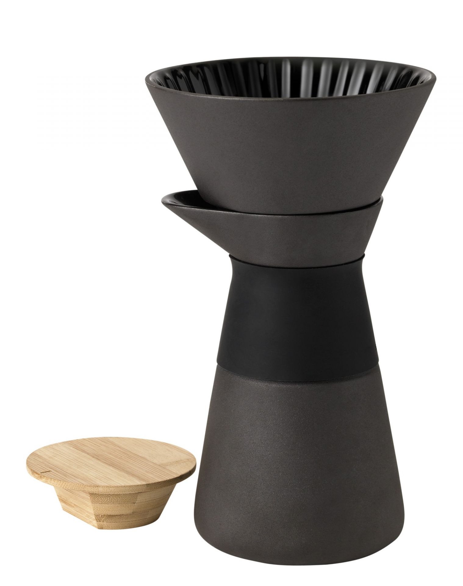 Stelton Theo Kaffeefilterkanne aus schwarzem Steinzeug mit Bambusdeckel für Pour-Over Kaffeezubereitung.