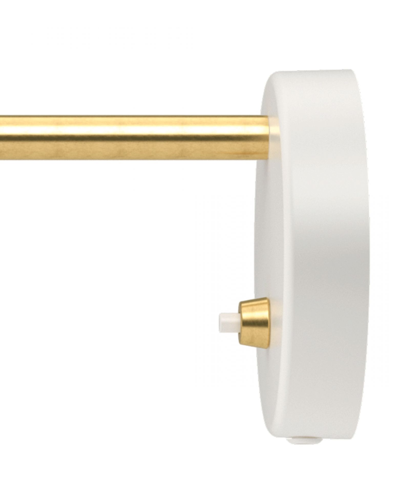 Detailaufnahme der VL38 Wandleuchte von Louis Poulsen, weiße Halterung mit goldenem Arm und Schalter.