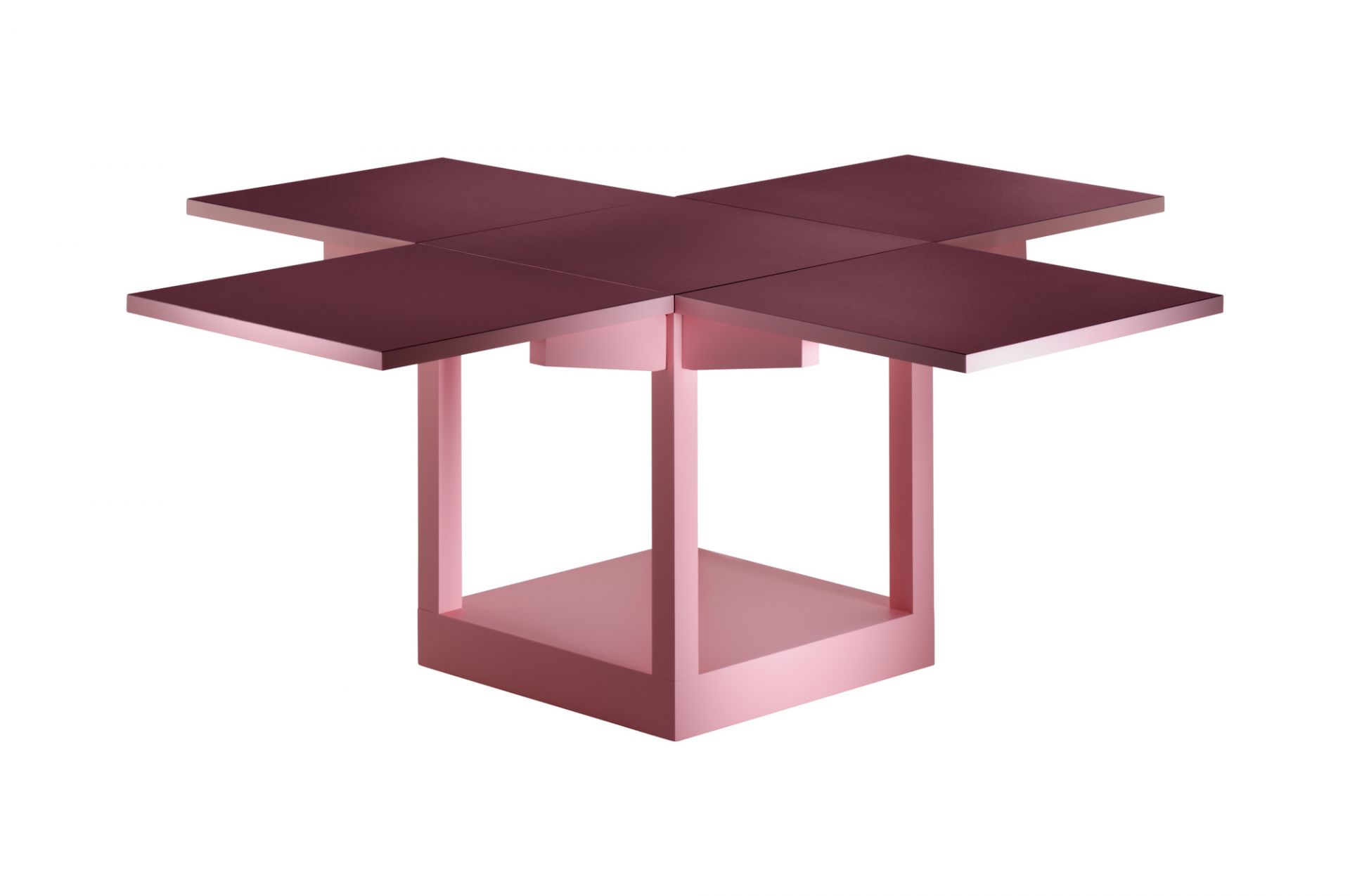 K10N Klapptisch: Pinkfarbener, moderner Tisch mit vier quadratischen Tischplatten in Kreuzform. Bauhaus Design.
