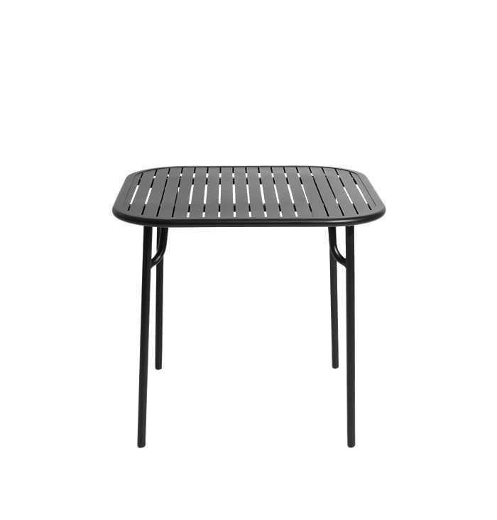 Week-End Square Table von Petite Friture, quadratischer Gartentisch aus schwarzem Metall mit Lattenrost-Tischplatte.