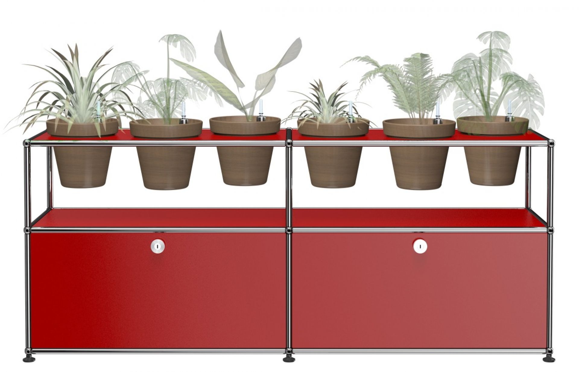 Pflanzenwelten Sideboard in Rubinrot mit Pflanzen. USM Haller Möbel für Wohnraum und Büro.