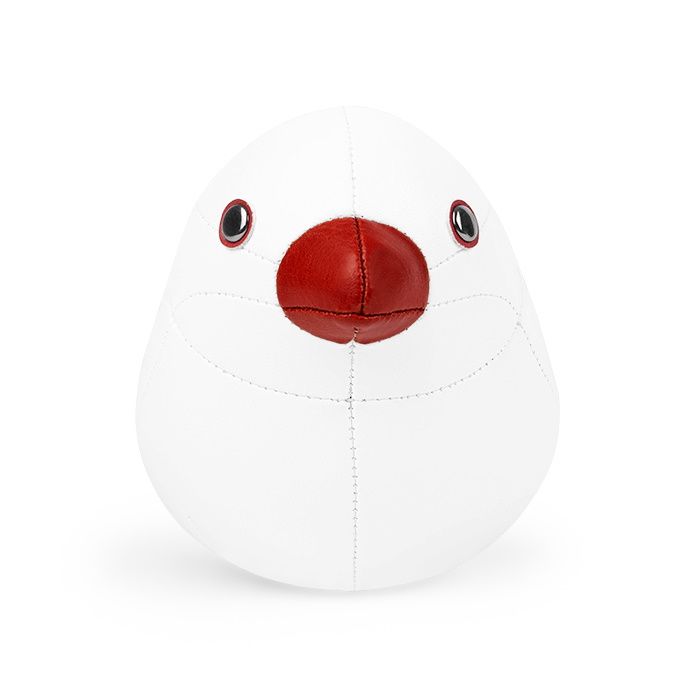 Weißer Java Spatz Briefbeschwerer von Züny, dekorativer Papierbeschwerer in Vogelform mit rotem Schnabel.