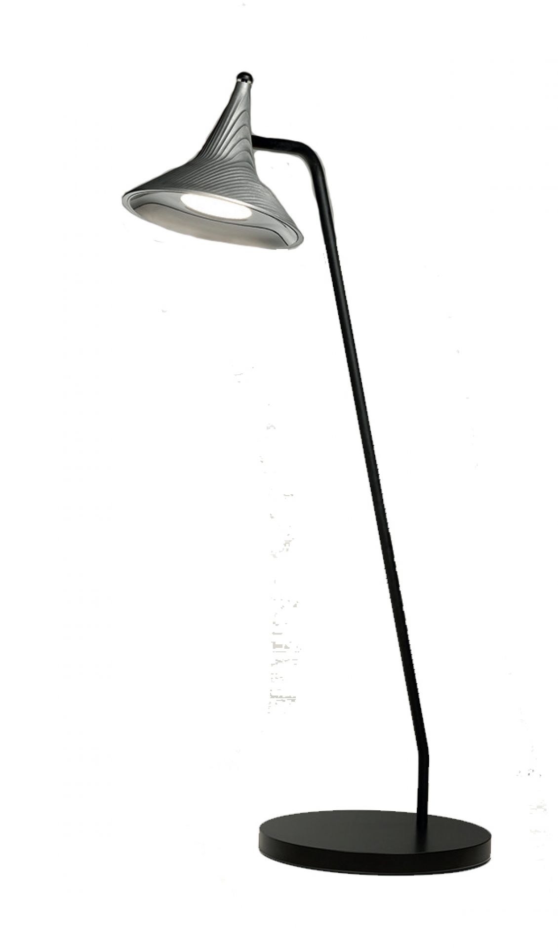 Artemide Unterlinden Tischleuchte, moderne Stehleuchte mit schwarzem Fuß und grauem, kegelförmigem Lampenschirm.