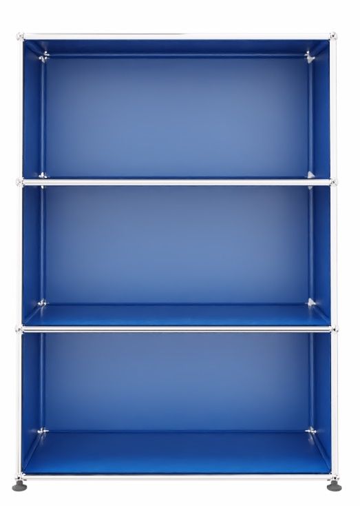 USM Haller Regal in Enzianblau, offenes Highboard mit drei Fächern und verchromtem Gestell.