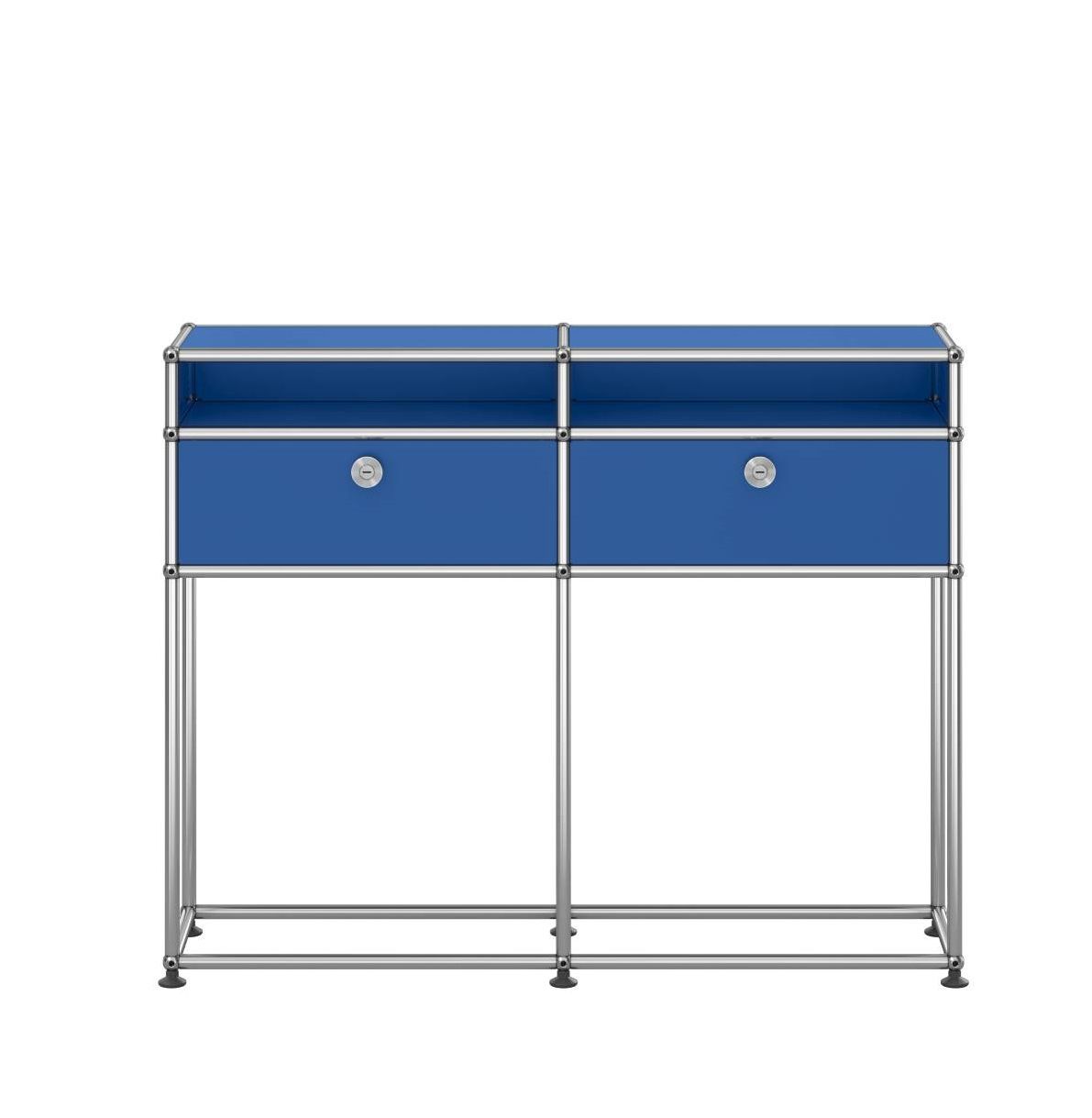 USM Haller Sideboard in Enzianblau mit zwei Schubladen und offenen Fächern, modernes Designmöbel.
