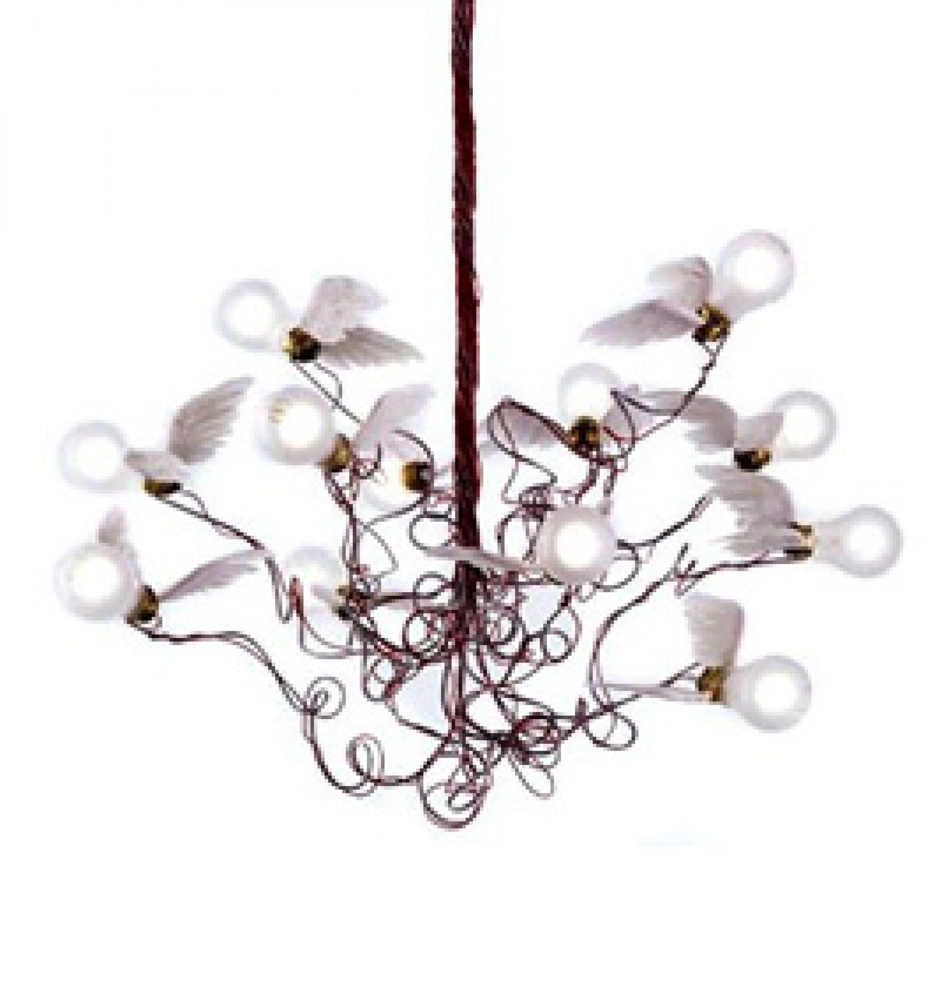 Roter Birdie LED Kronleuchter von Ingo Maurer: Design Lampe mit geflügelten Glühbirnen für Wohnzimmer.