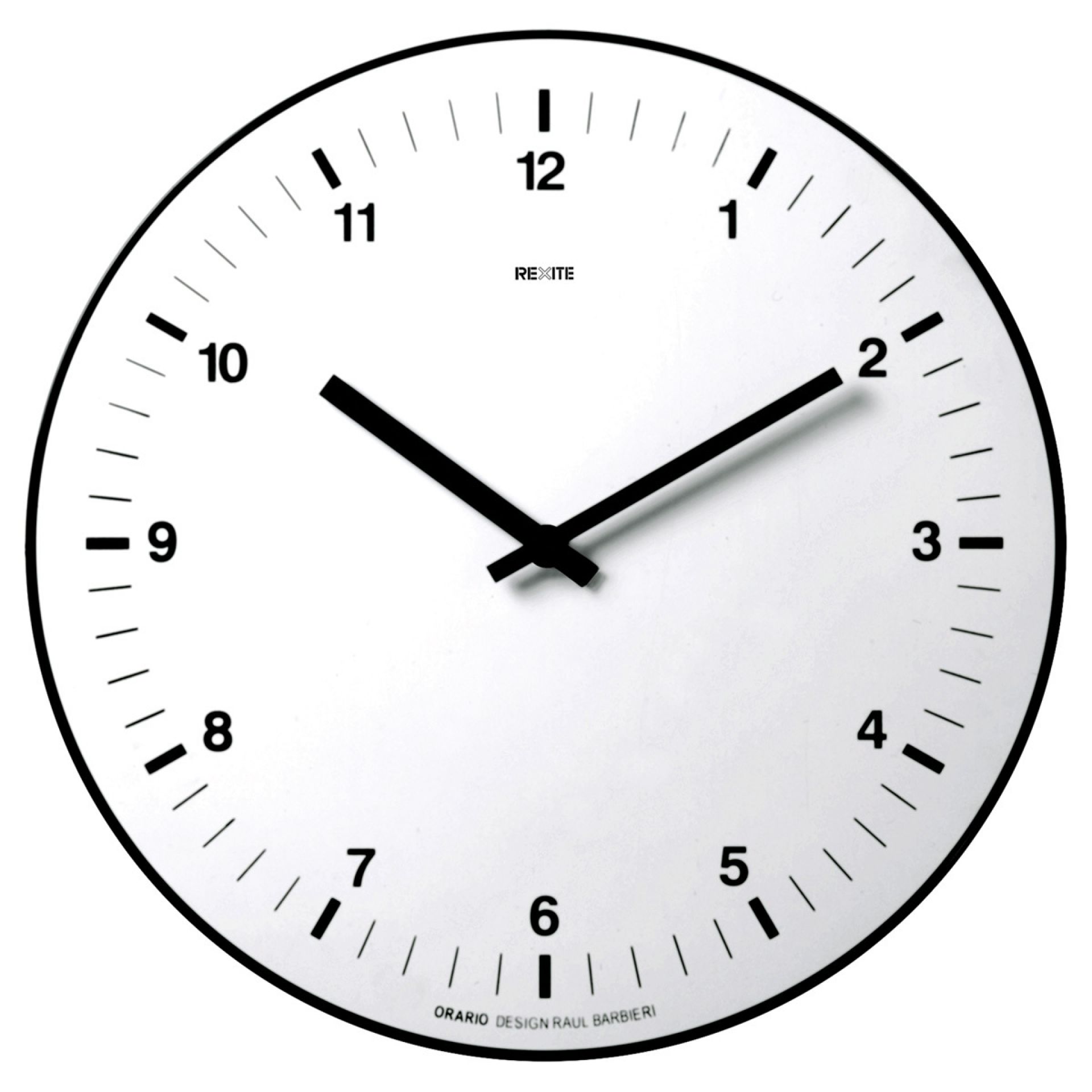 Weiße Orario Wanduhr von Rexite mit schwarzen Zeigern und Ziffern für die Wand.
