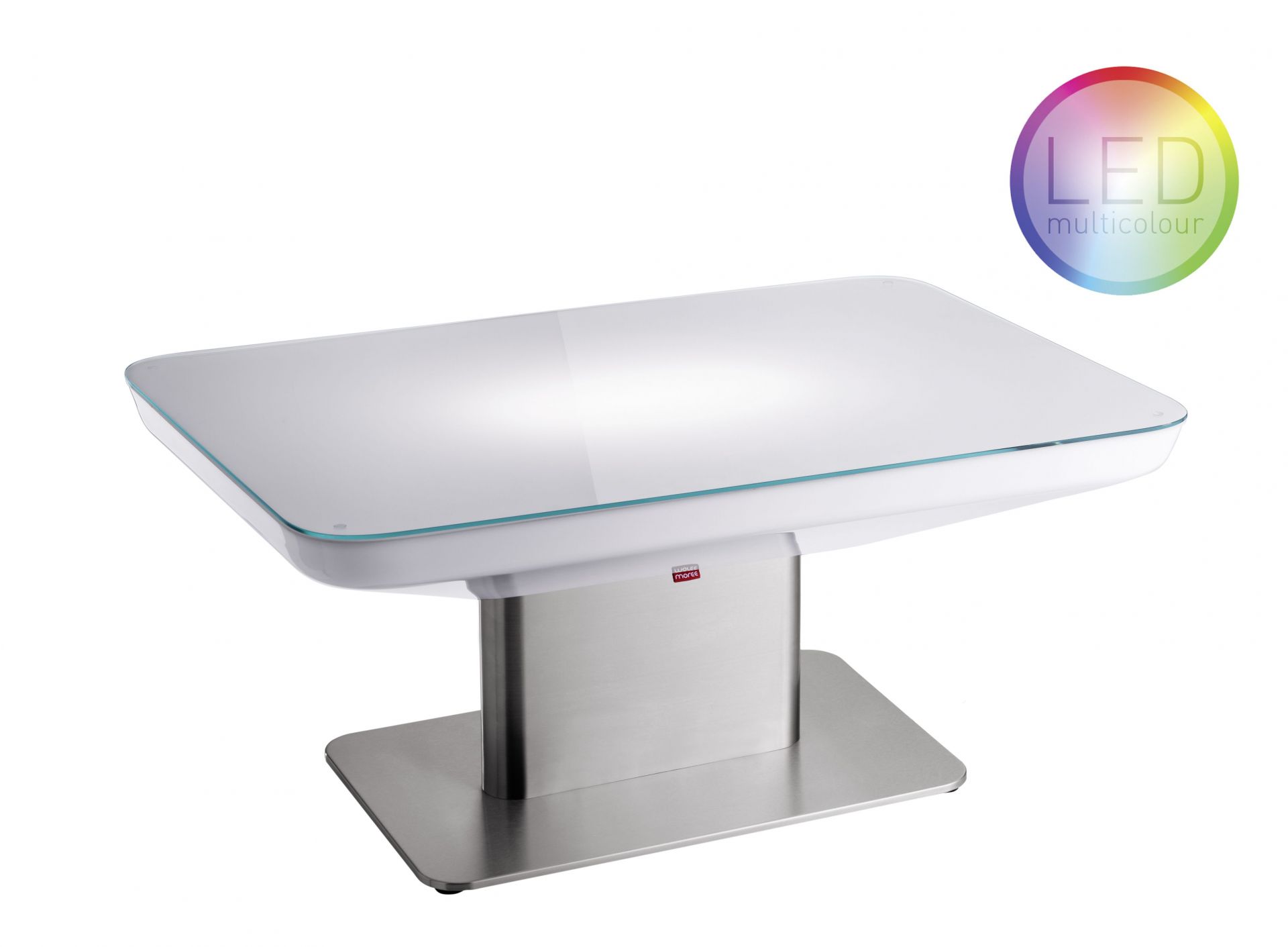 Studio 45 LED Outdoor Tisch von Moree mit Glasplatte und Edelstahlfuß.