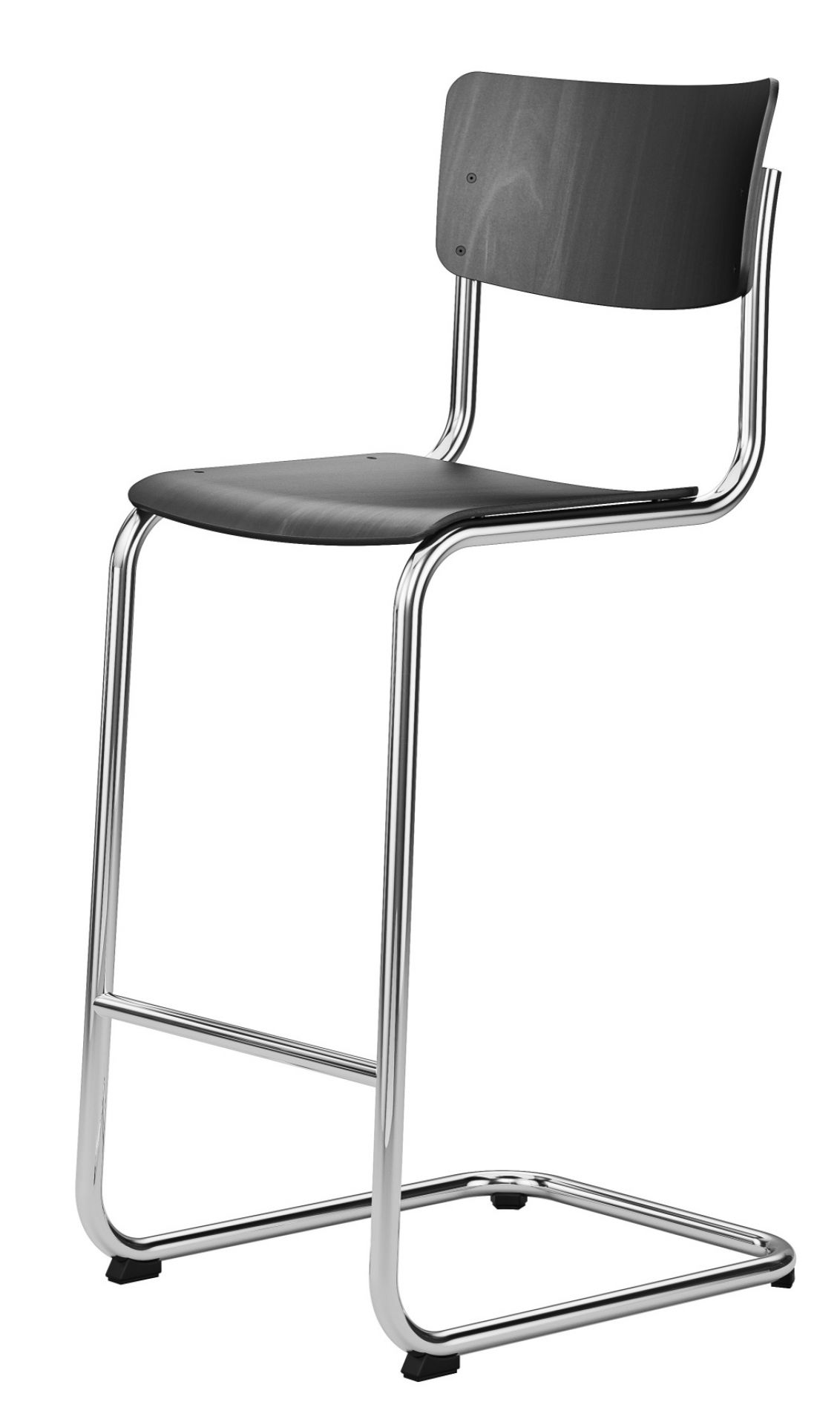 S 43 H Thonet Barhocker: Klassischer Stahlrohr Freischwinger Barstuhl mit schwarzer Sitzfläche und Rückenlehne.