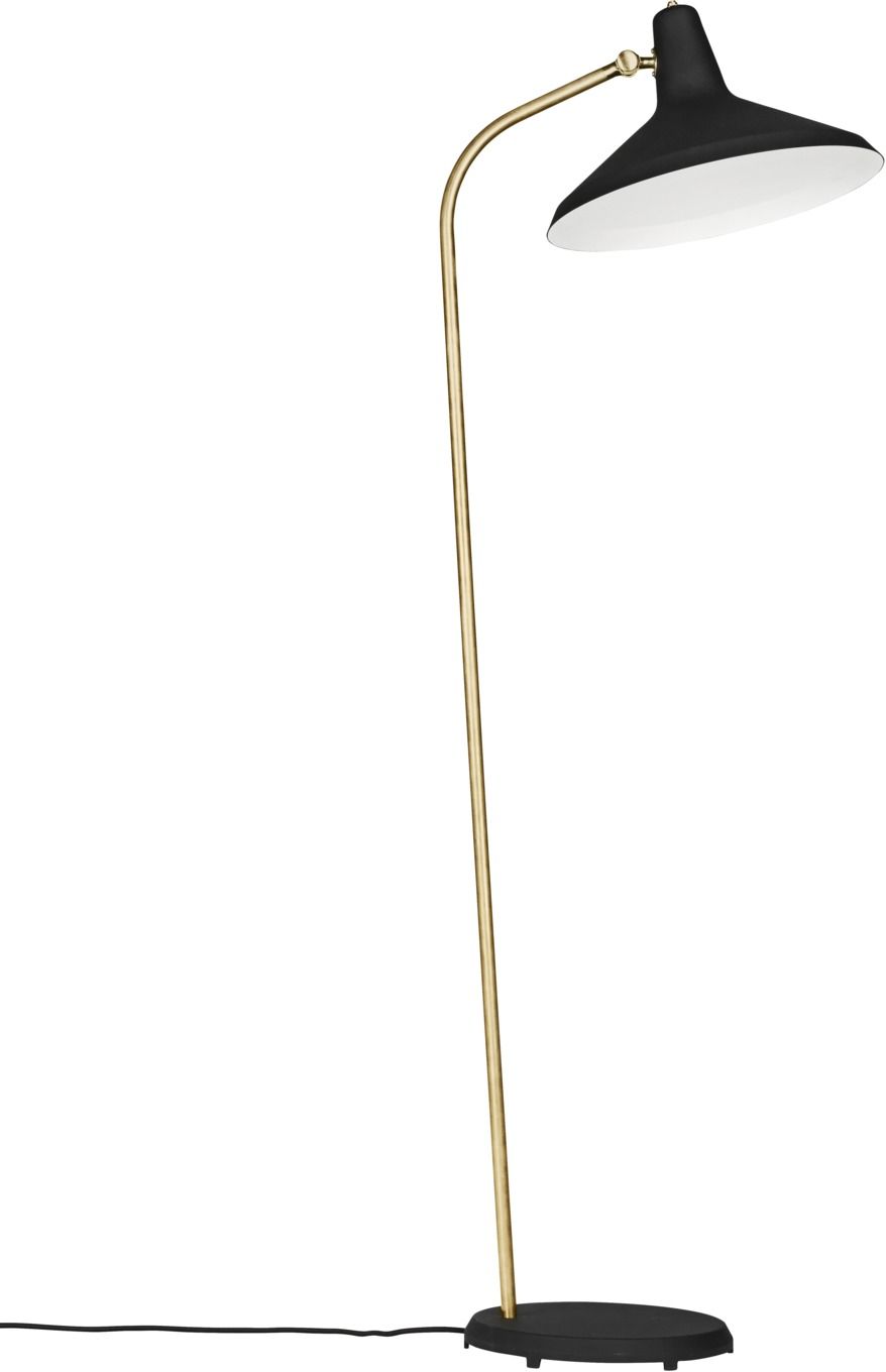 Gubi Stehleuchte G-10: Elegante Stehlampe mit schwarzem Schirm und goldenem Gestell für Wohnzimmer.