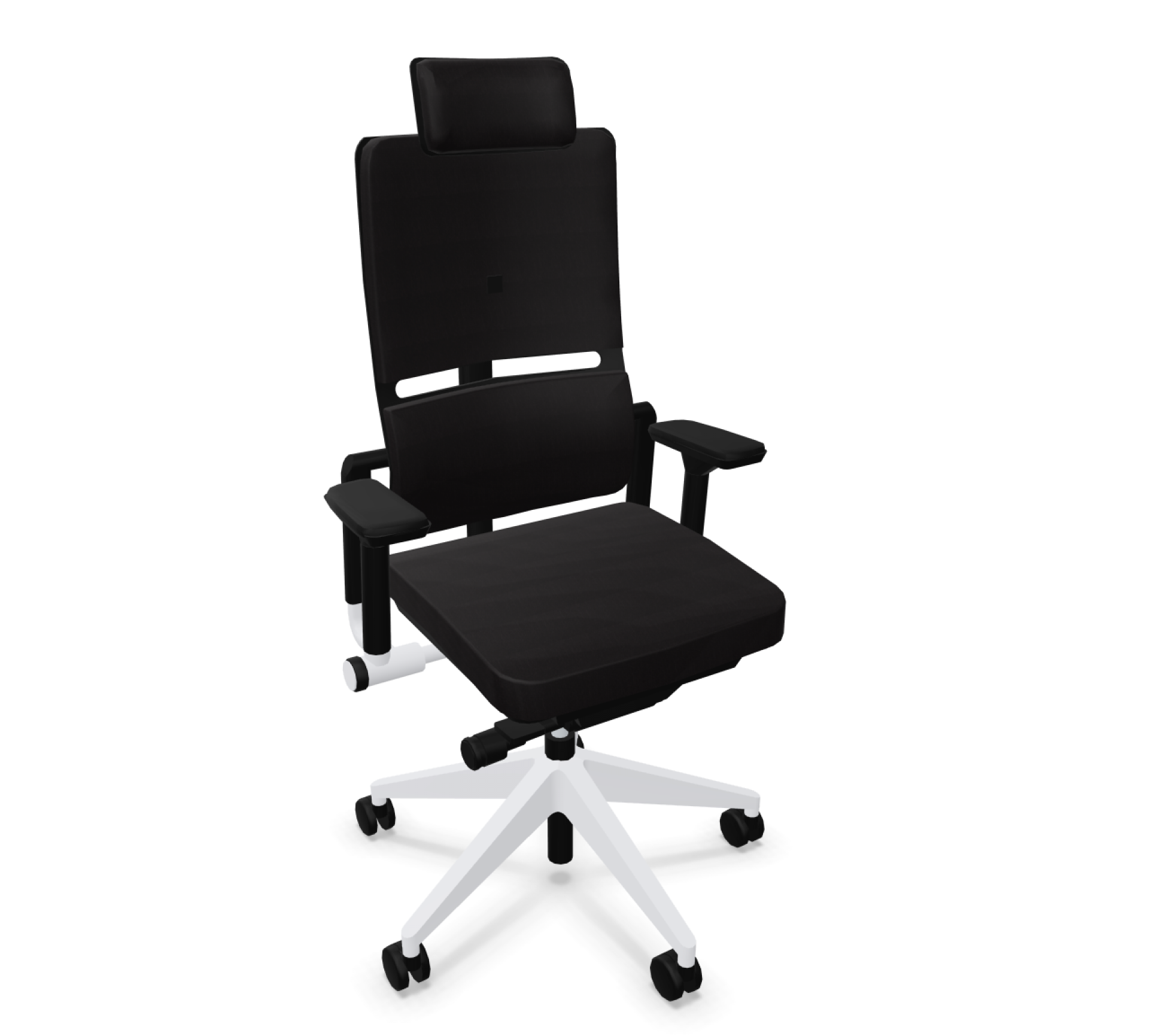 Schwarzer Please Bürostuhl von Steelcase mit Kopfstütze und weißem Fußkreuz. Ergonomischer Arbeitsstuhl.