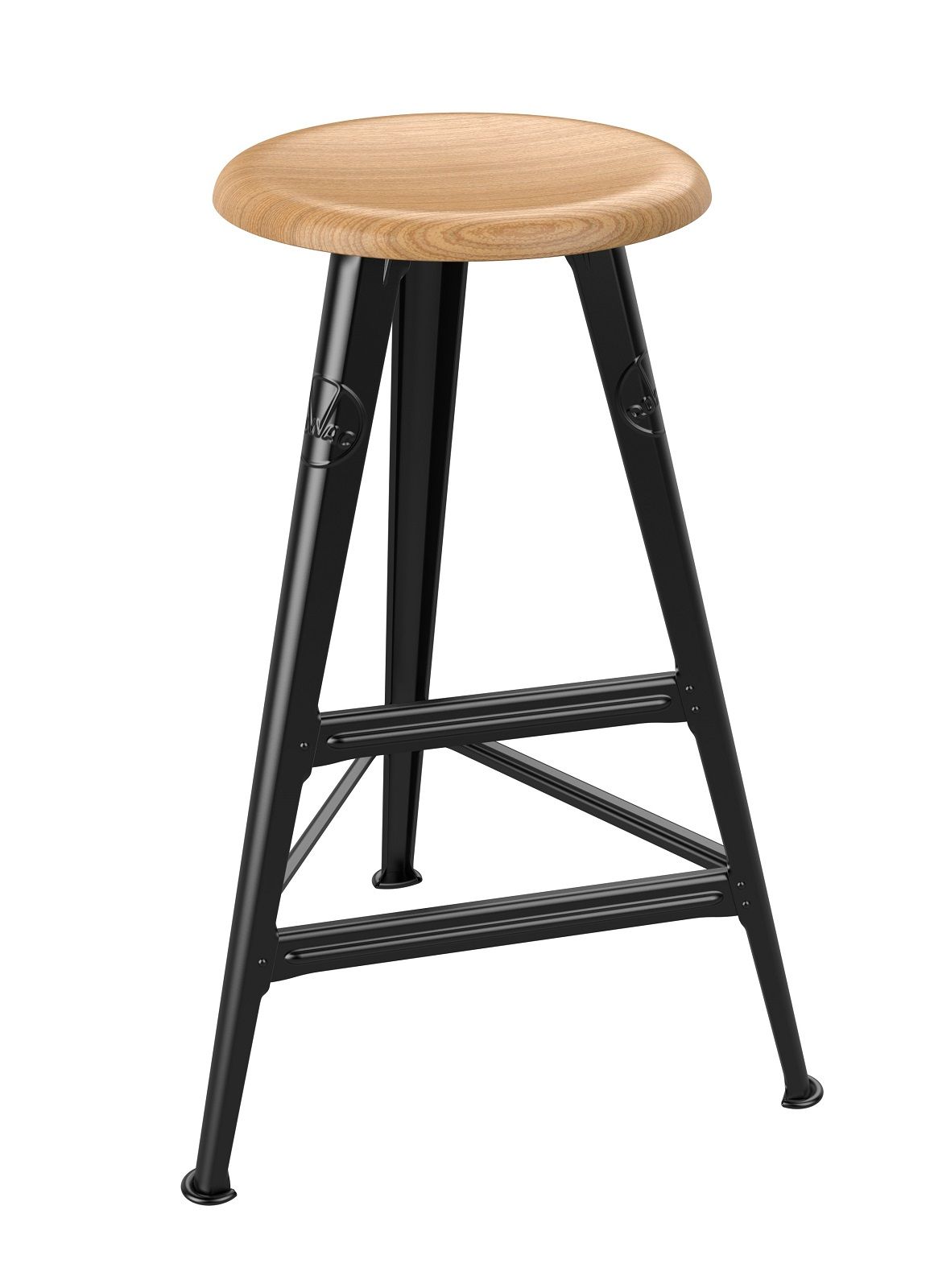 Schemel Model I: Barhocker mit hellem Holz-Sitz und schwarzem Metallgestell für Küche oder Bar.