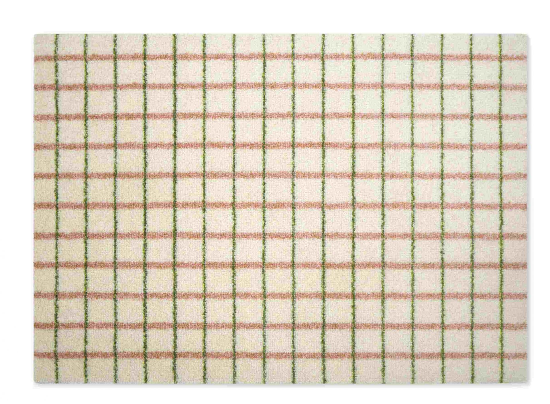 Heymat Grid Fußmatte: Beige Teppich mit grünem und rotem Karomuster für den Innenbereich.